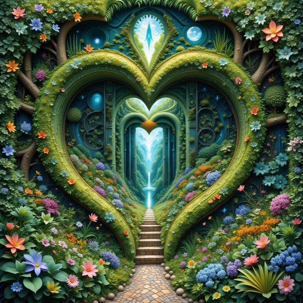 Heart Portal to Garden Maze in Botanical Illustration Style