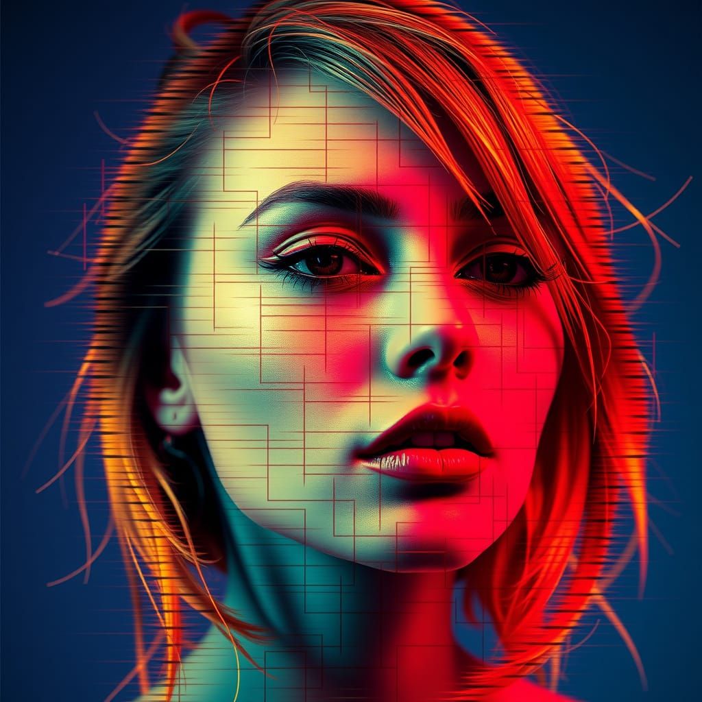 Distorted Cyberpunk Portrait in Glitch Art Style