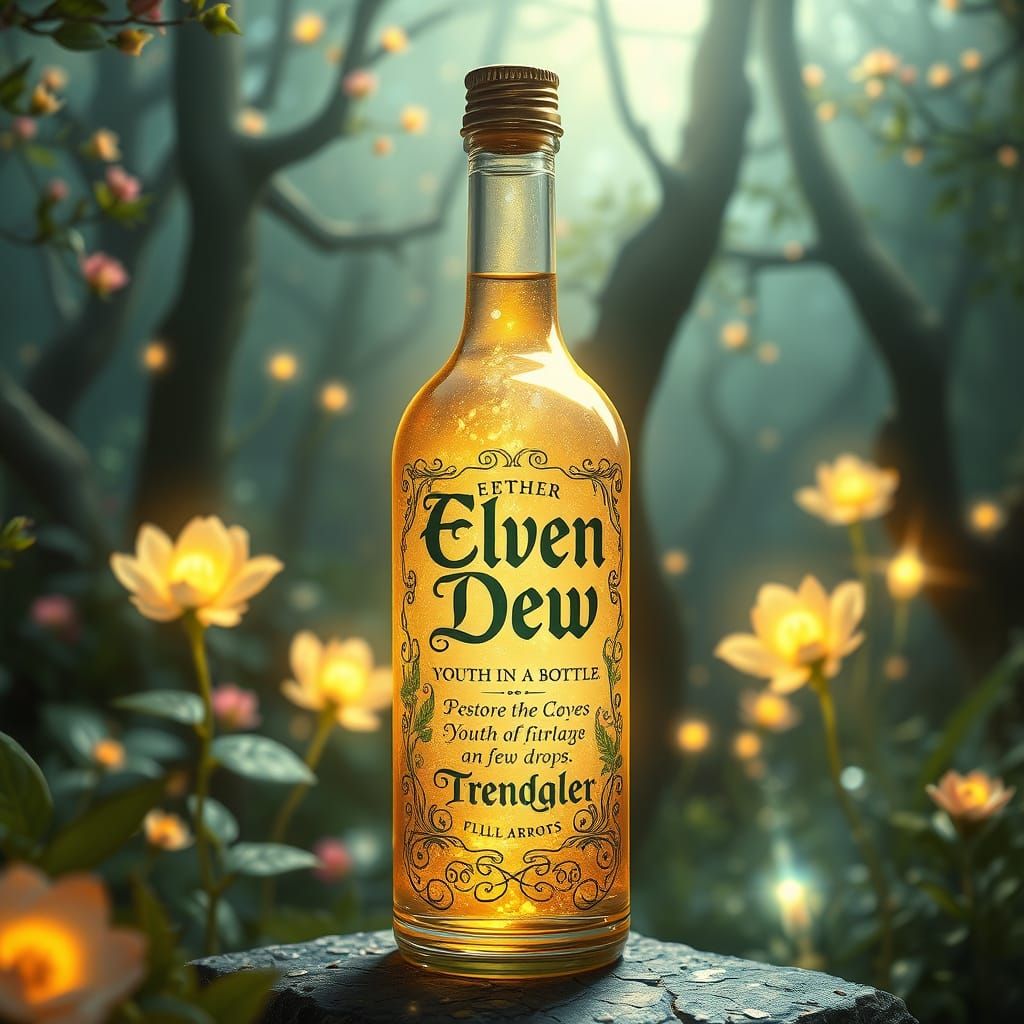 Enchanted Elixir of Eternal Youth in a Shimmering Elven Bott...