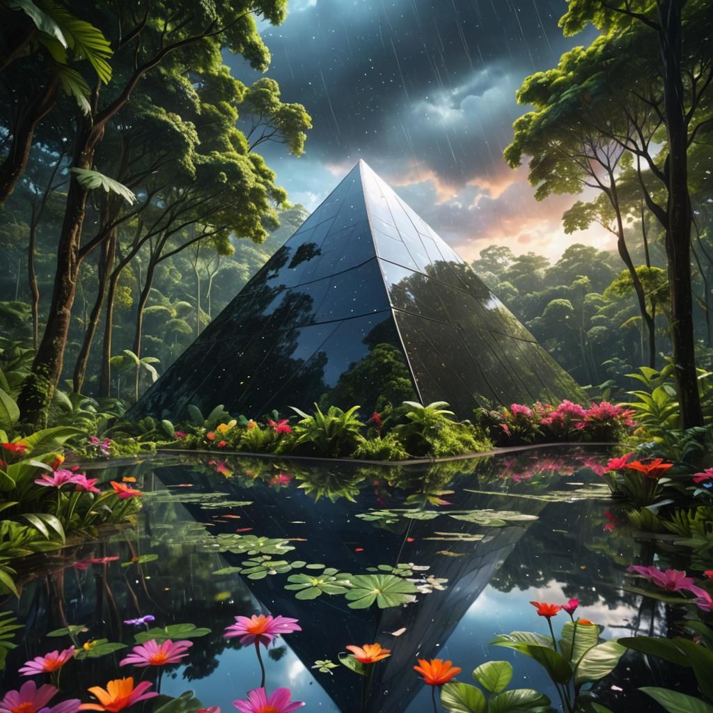 Reflective Pyramid Floats Above Lush Rainforest