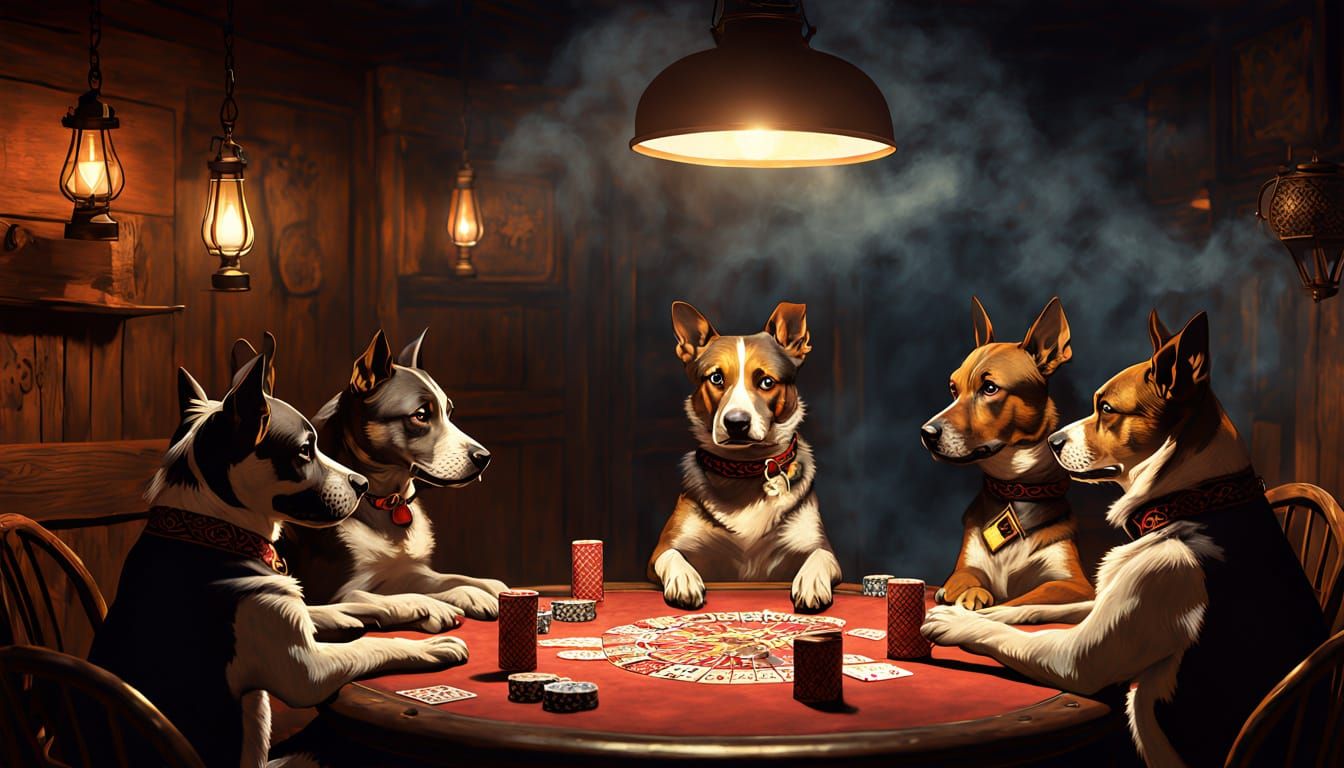 Western Saloon Dogs in Poker Game, Oil Painting