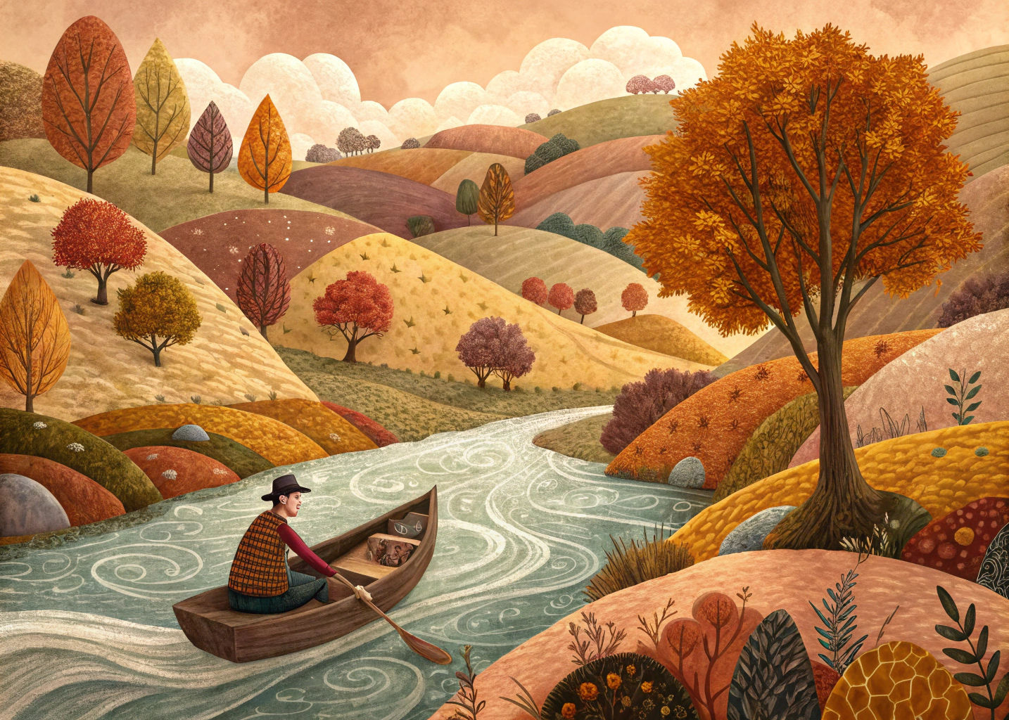 Autumn Hills Collage with Fisherman in Naivist Style