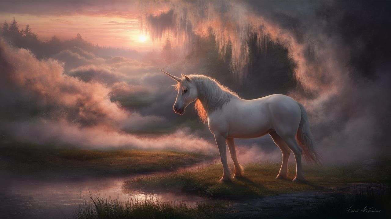 Unicorn in Golden Light: Ethereal Fantasy Scene