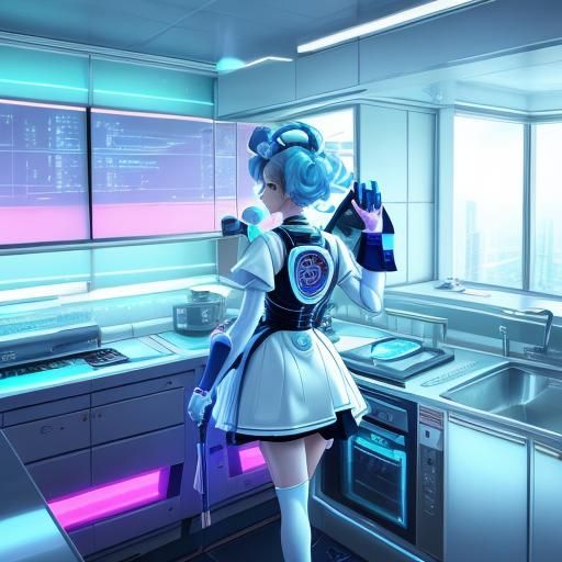 Cute Retro-Futuristic Maid Robot in High-Tech Kitchen
