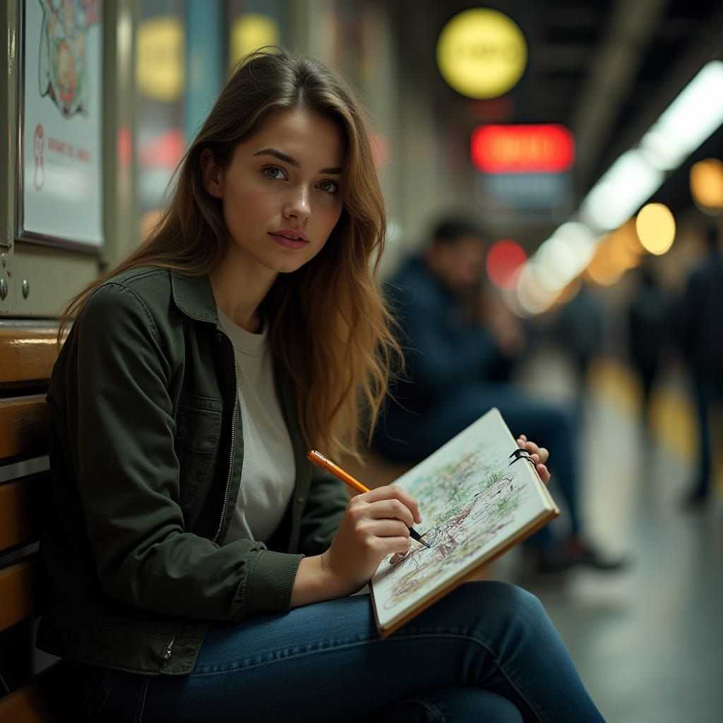 Woman Sketching on Busy Subway Platform