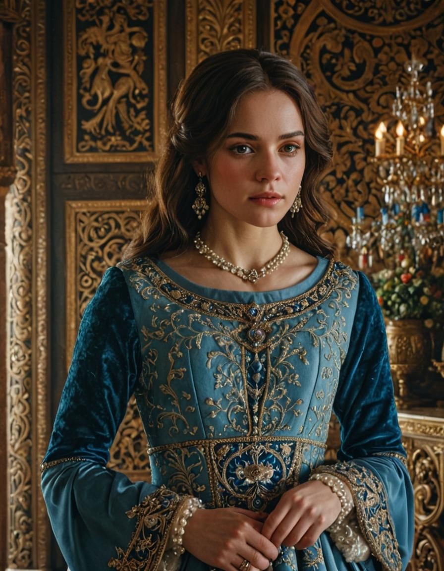 Medieval Woman in Royal Dress: Photorealistic Opulence