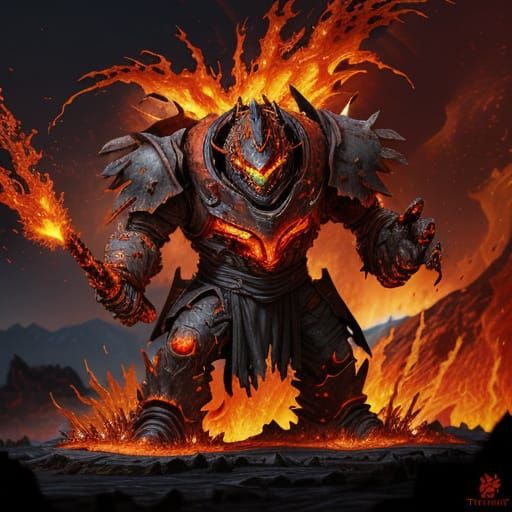 Smoldering Metal Zombie in Fiery Landscape