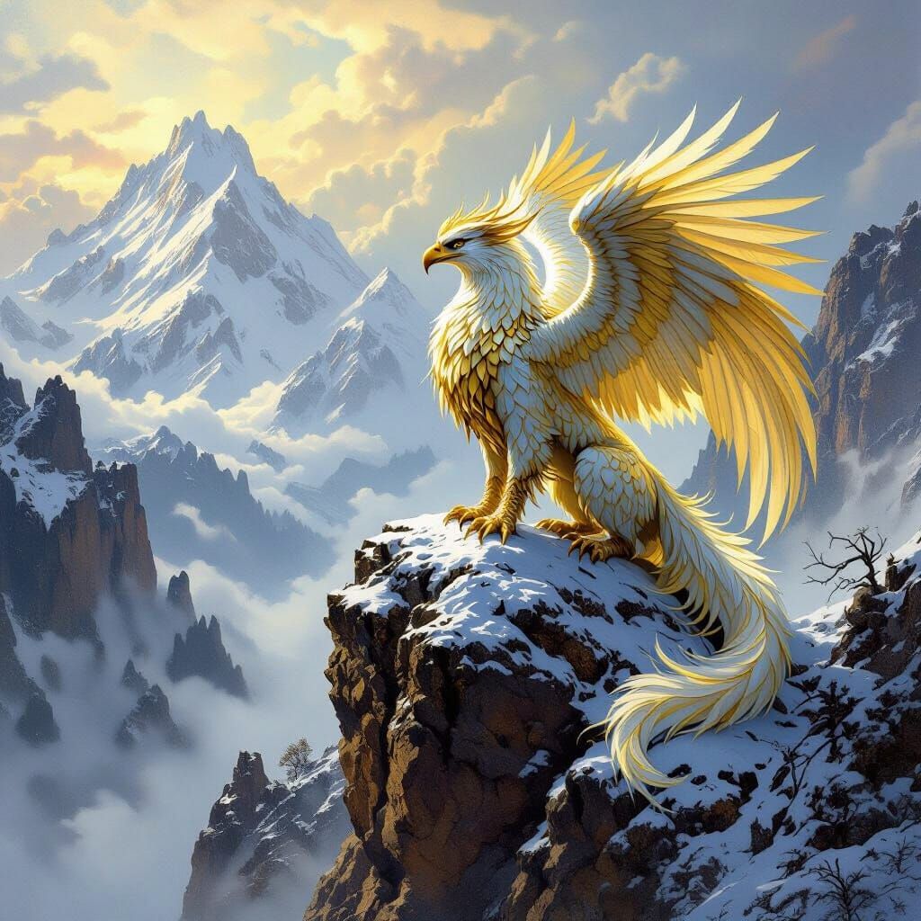 Golden Griffin Perched on Mountain Peak