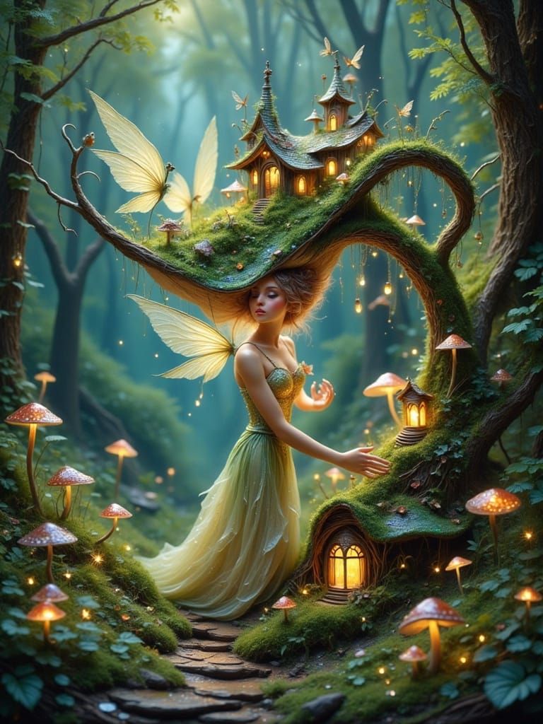 Enchanted Forest Fairy Tending to a Glowing Hourglass Beansp...