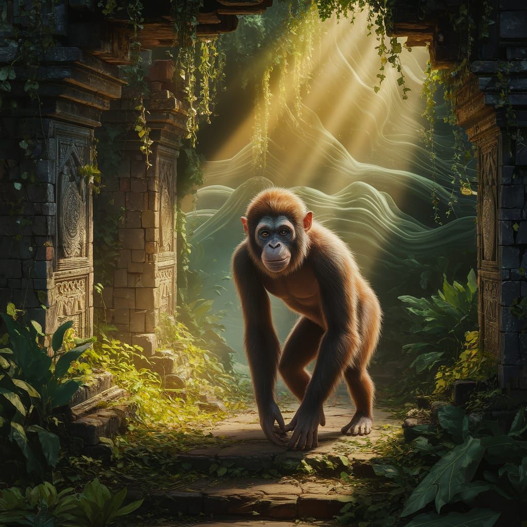 Orang Pendek in Rainforest Ruin, Digital Painting