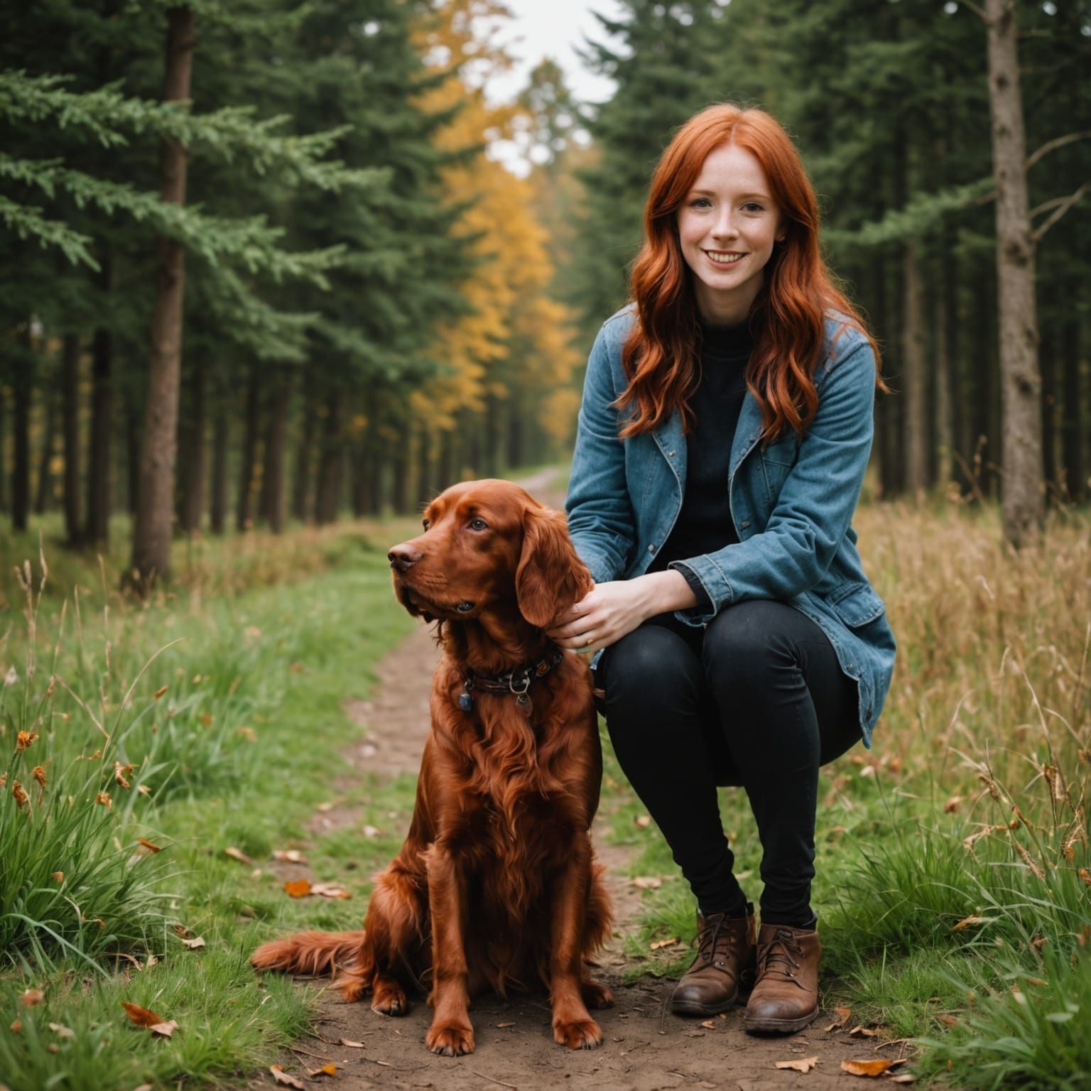 Red-Haired Girl with Red Setter Dog