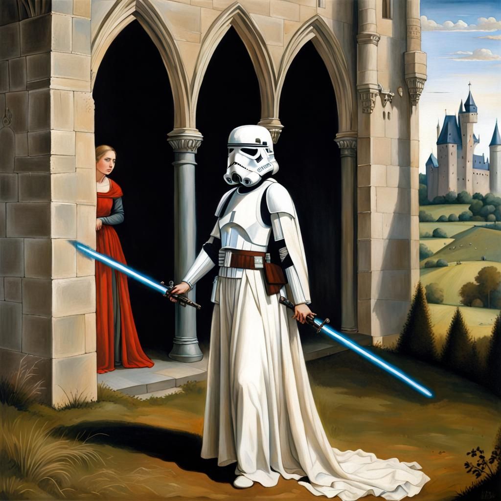 Medieval Painting: Woman, Stormtroopers, Laser Swords