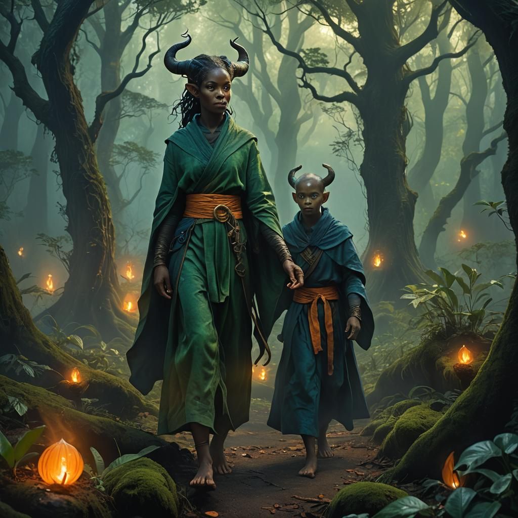 Tiefling Monk in Mystical Forest, Fantasy Concept Art