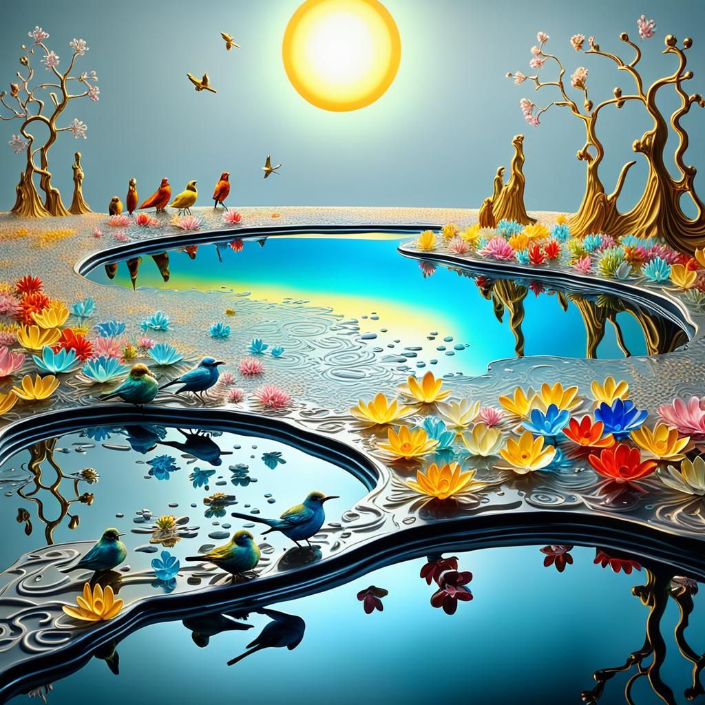 Crystal Flowers on Silver Lake: Surrealist Oil Painting