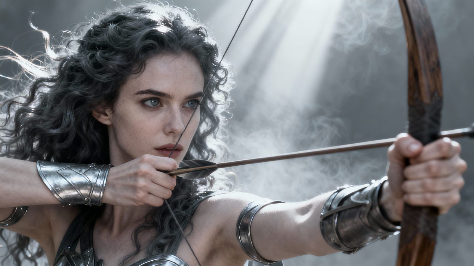 Woman Drawing Arrow in Ethereal Grey Tones