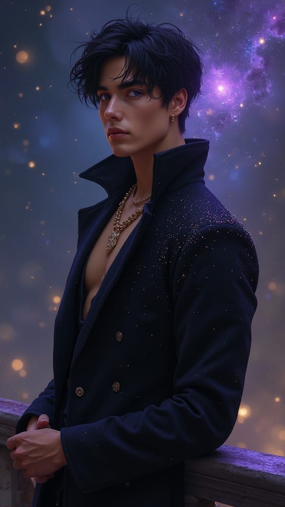 Majestic Fae Lord Portrait with Swirling Galaxies