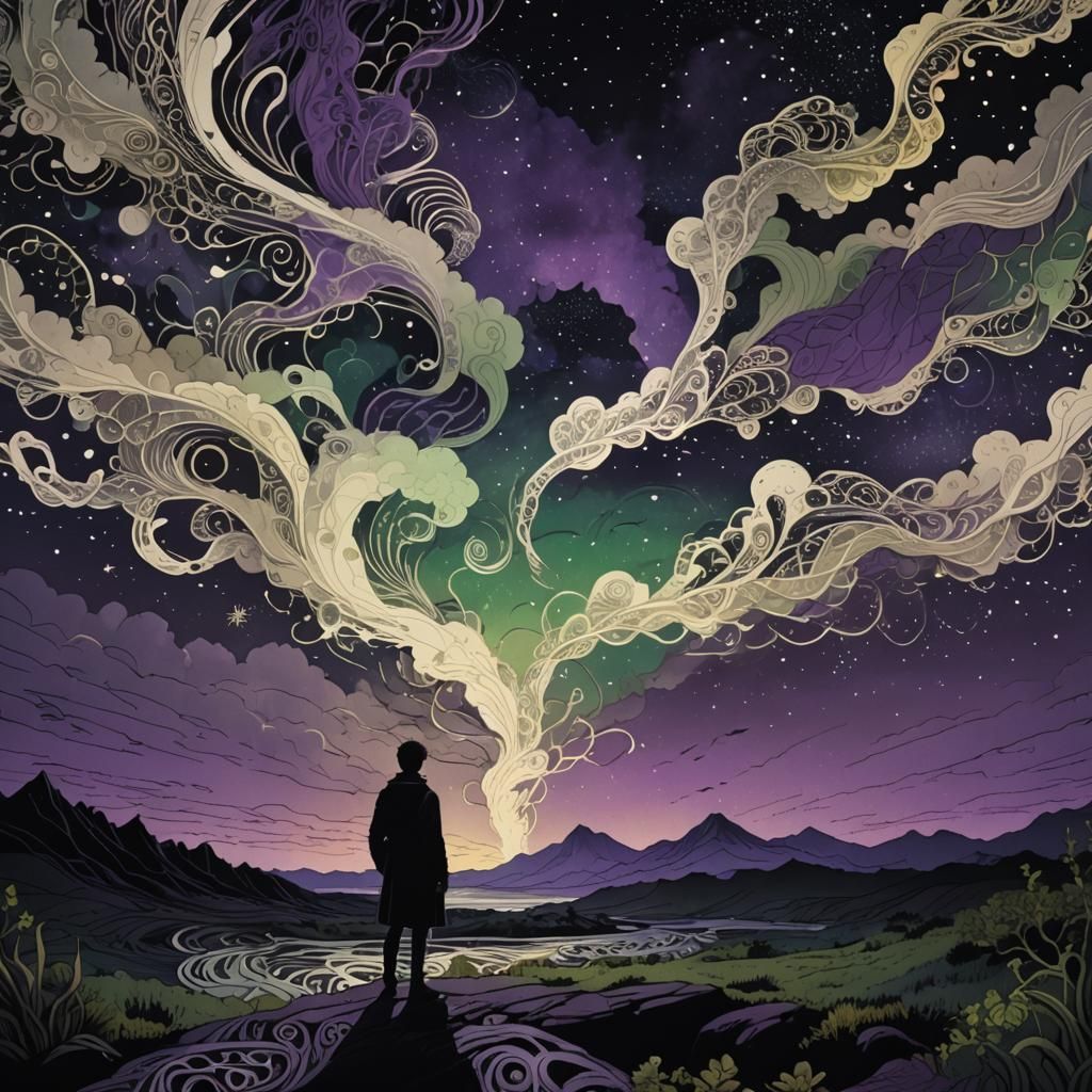 Eldritch Night Sky with Lone Figure in Anime Style