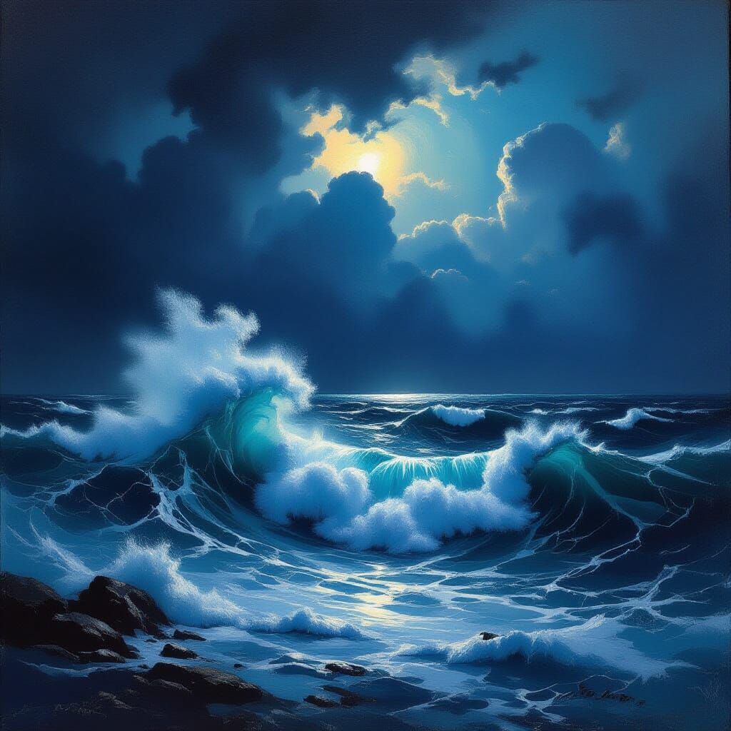 Turbulent Ocean at Night in Romanticist Style
