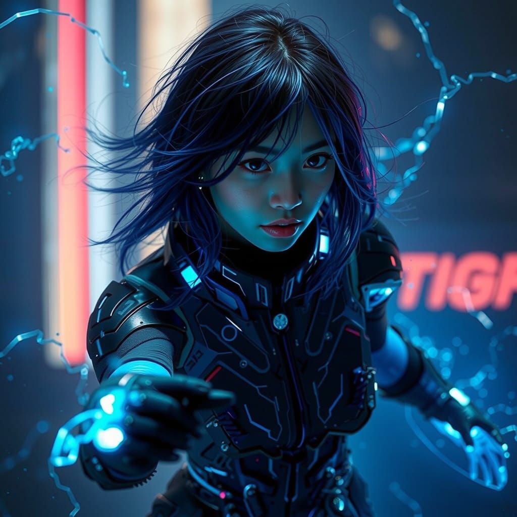 Cyberpunk Anti-Heroine with Blue Hair and Armor