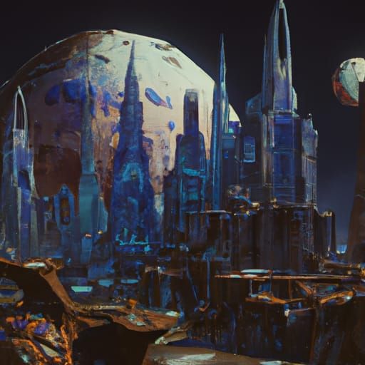 Fantastical Dark City on the Moon in Matte Painting Style
