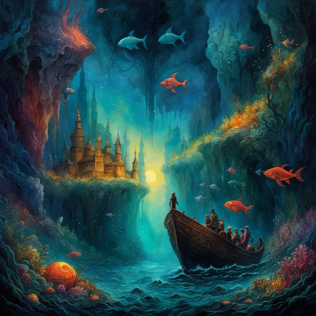 Underwater Fantasy Scene in Hyperrealistic Watercolor Style