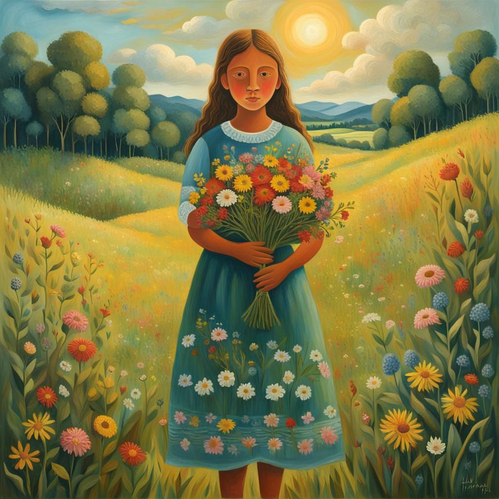 Naive Folk Art: Girl With Wildflower Bouquet