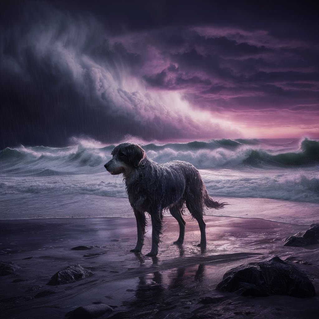 Dog standing alone on a beach in the rain with a purple suns...
