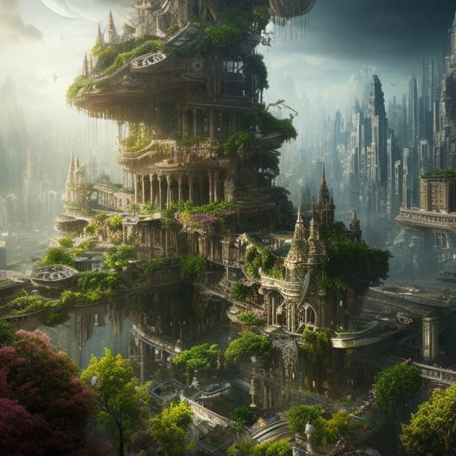 Futuristic City with Floating Gardens in Digital Art