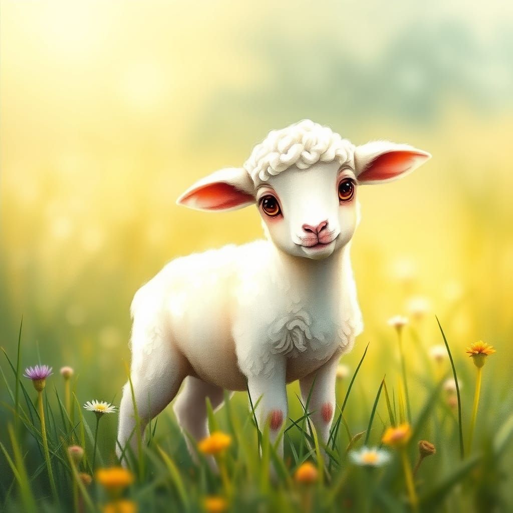 Fluffy Lamb in Meadow, Watercolor Style