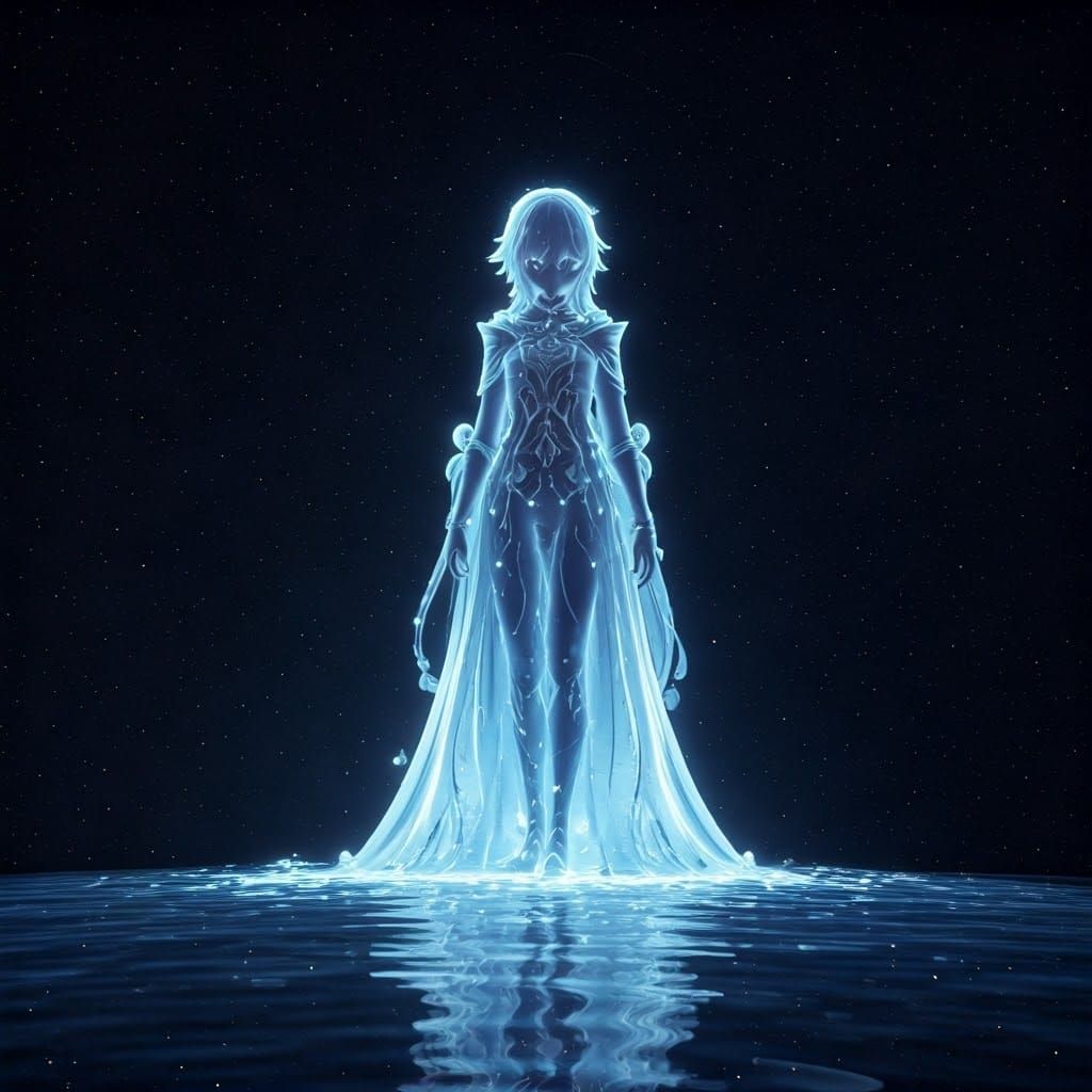 Ethereal Being Amidst Iridescent Waterfall