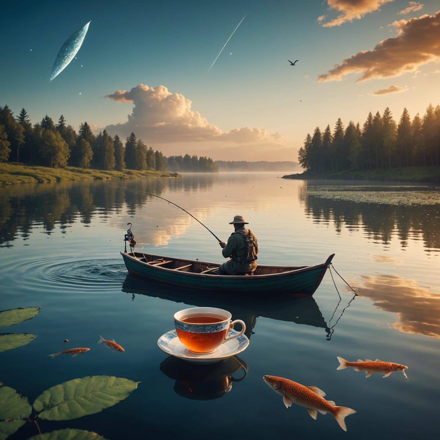 Miniature Fisherman Sailing in Tea, Comet Above