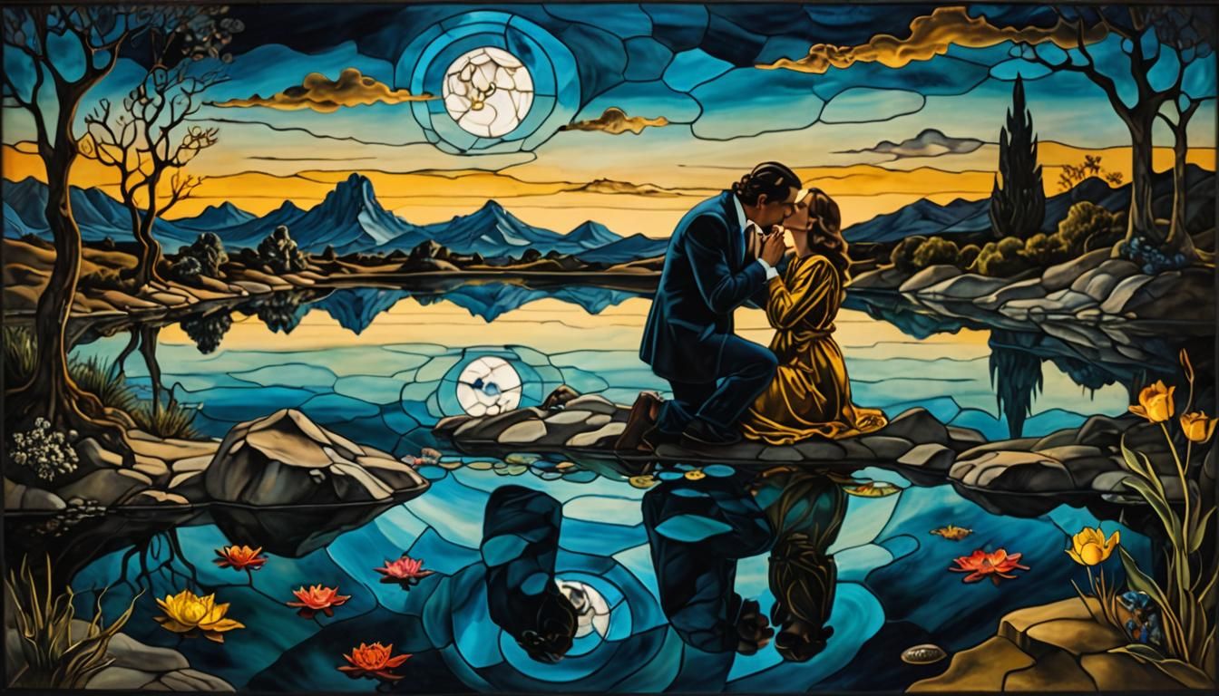 Stained Glass Lovers Kissing in Pond at Night