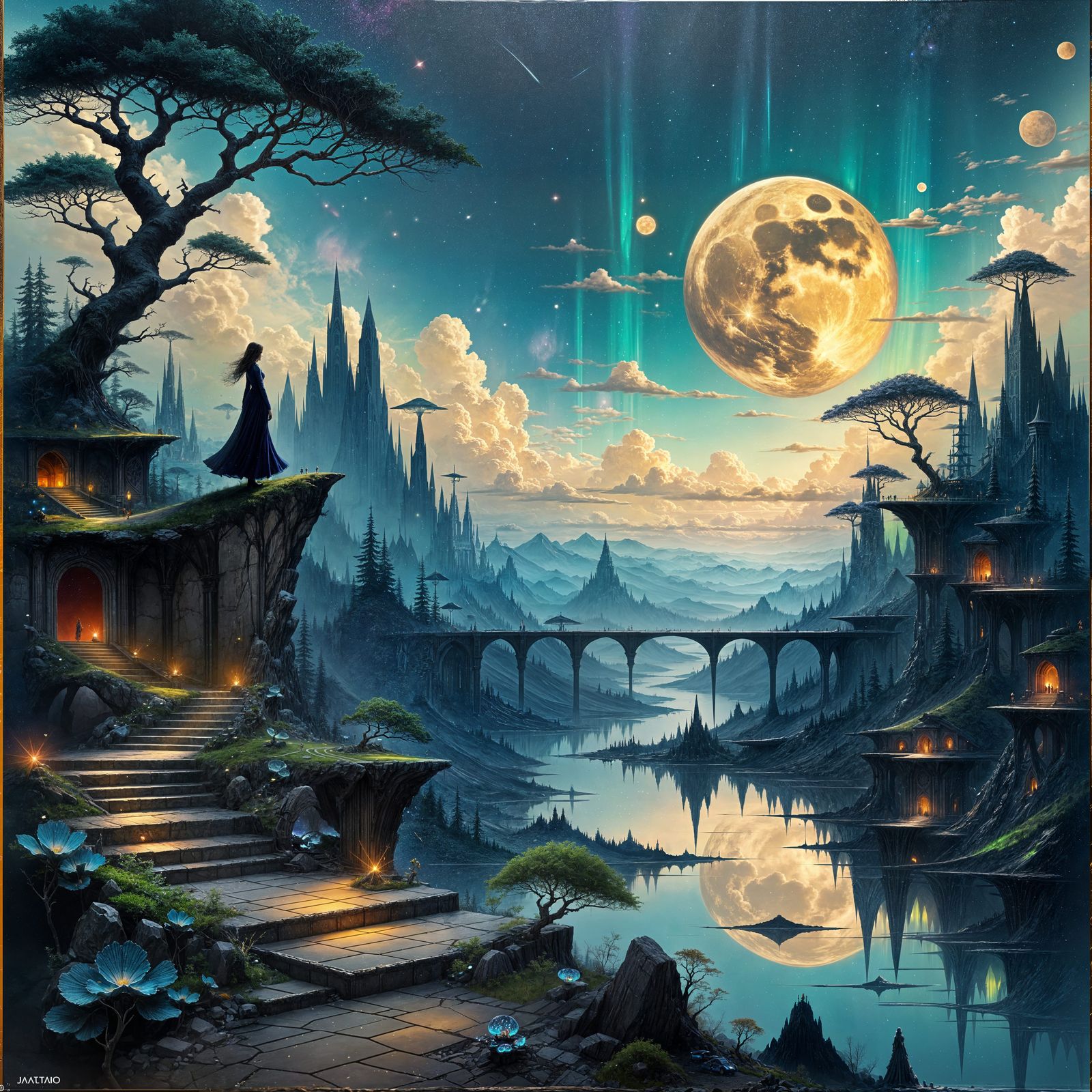 Ethereal Crystal City Under Aurora Sky