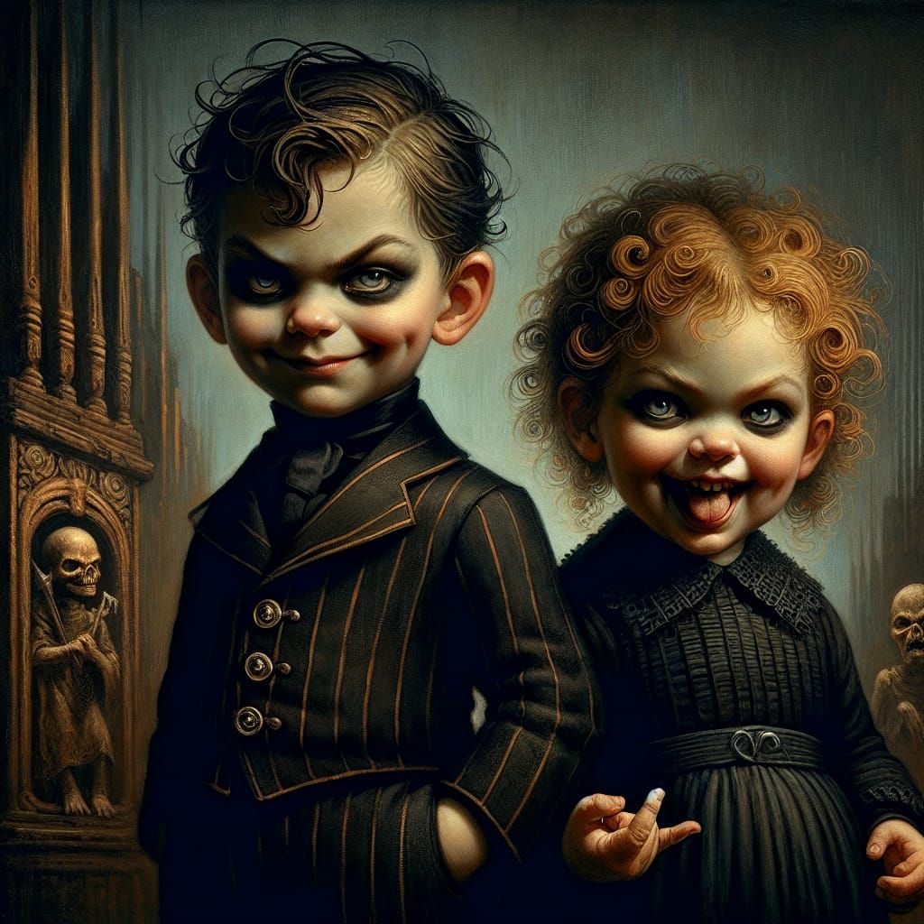 Mischievous Children in Gothic Alien Landscape