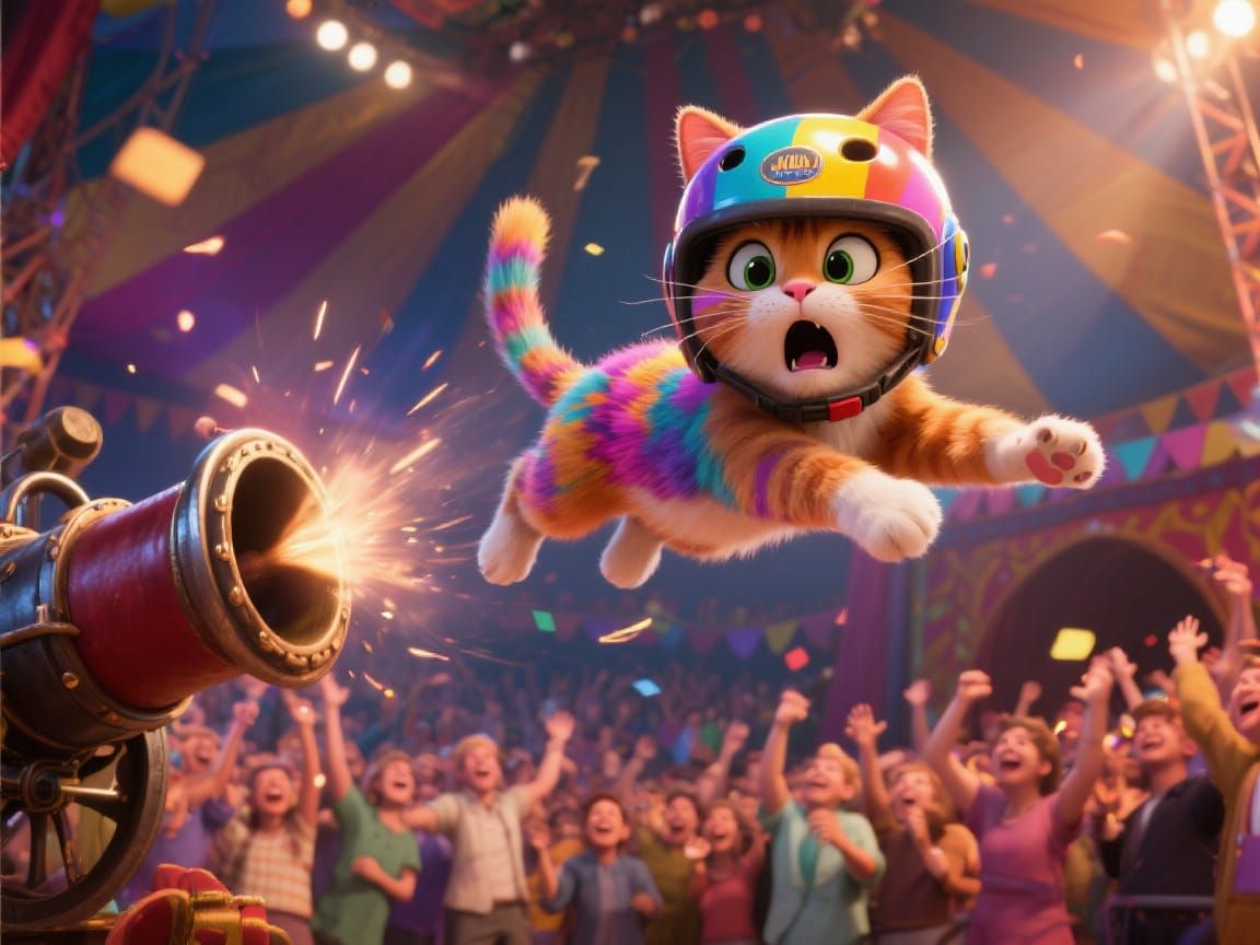 Cat Canonball Launch in Vibrant 3D Circus