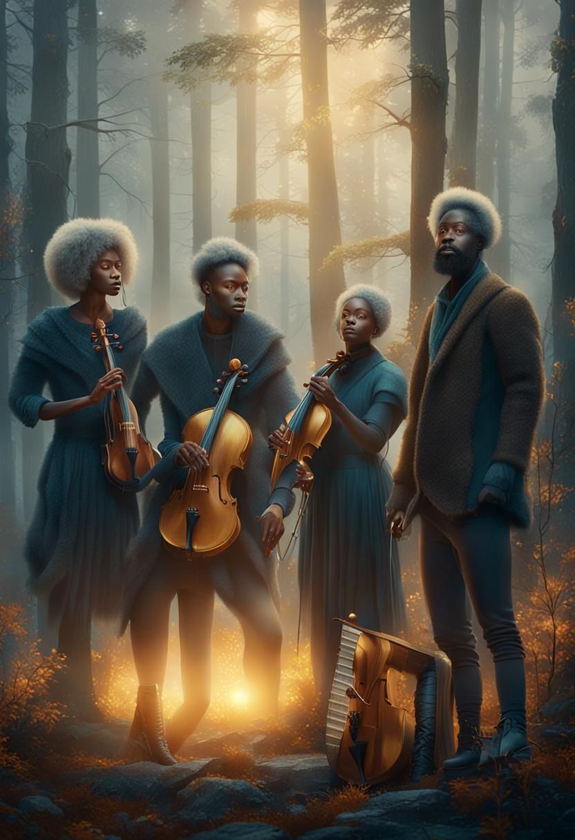 Nordic Quartet in Misty Forest: Fantasy Realism