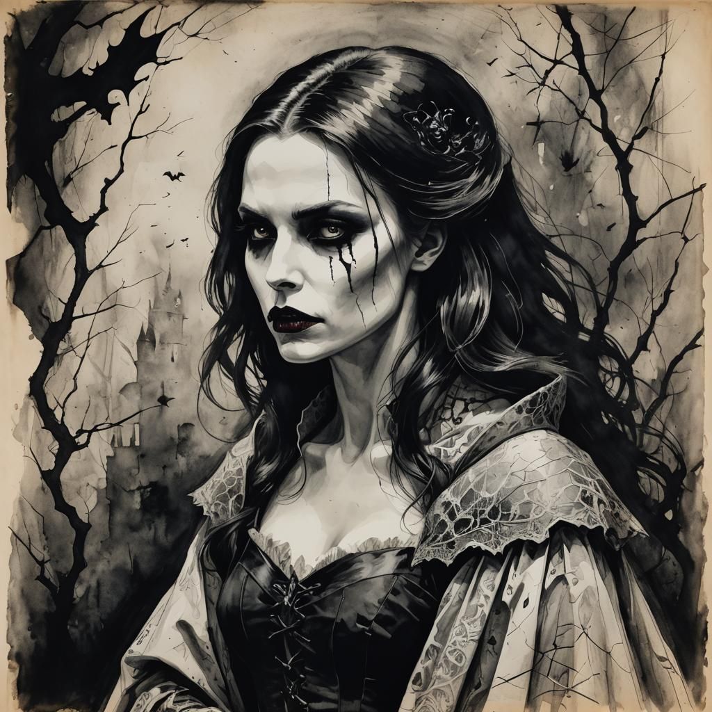 Gothic Expressionist Vampire Intimidates Hunter, Charcoal Dr...