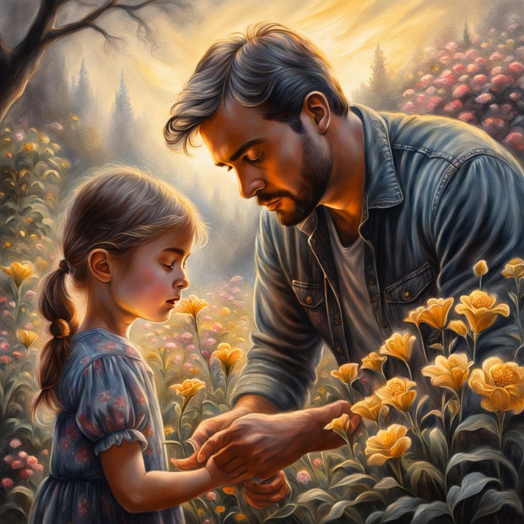 Father and Daughter Flower Picking in Ethereal Gouache Style