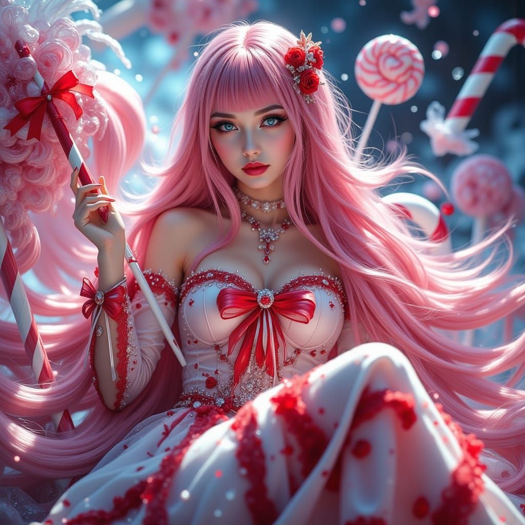 Manga Princess with Candy Cane Staff on Ice Throne