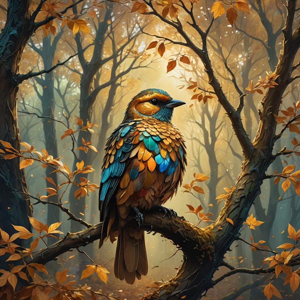 Autumn Tree Bird in Fantasy Art Style