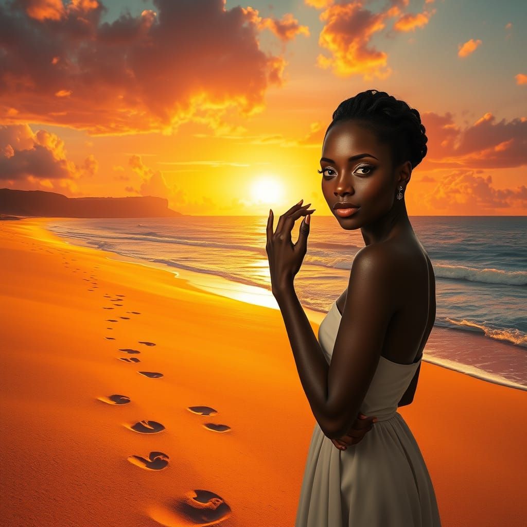 Elegant Woman on Golden Beach at Sunset as Oil Painting