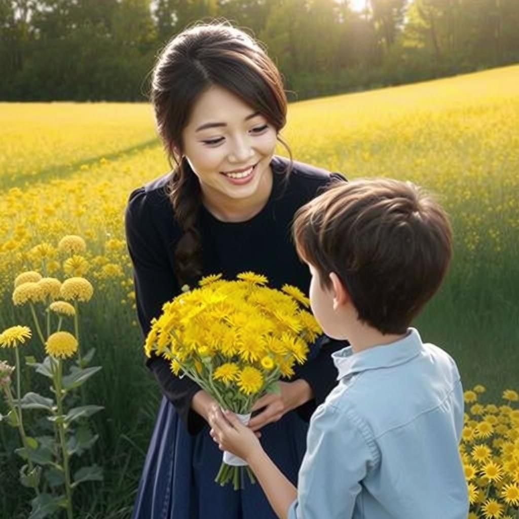 Mother Receives Dandelion Bouquet: Photo-Realistic Image