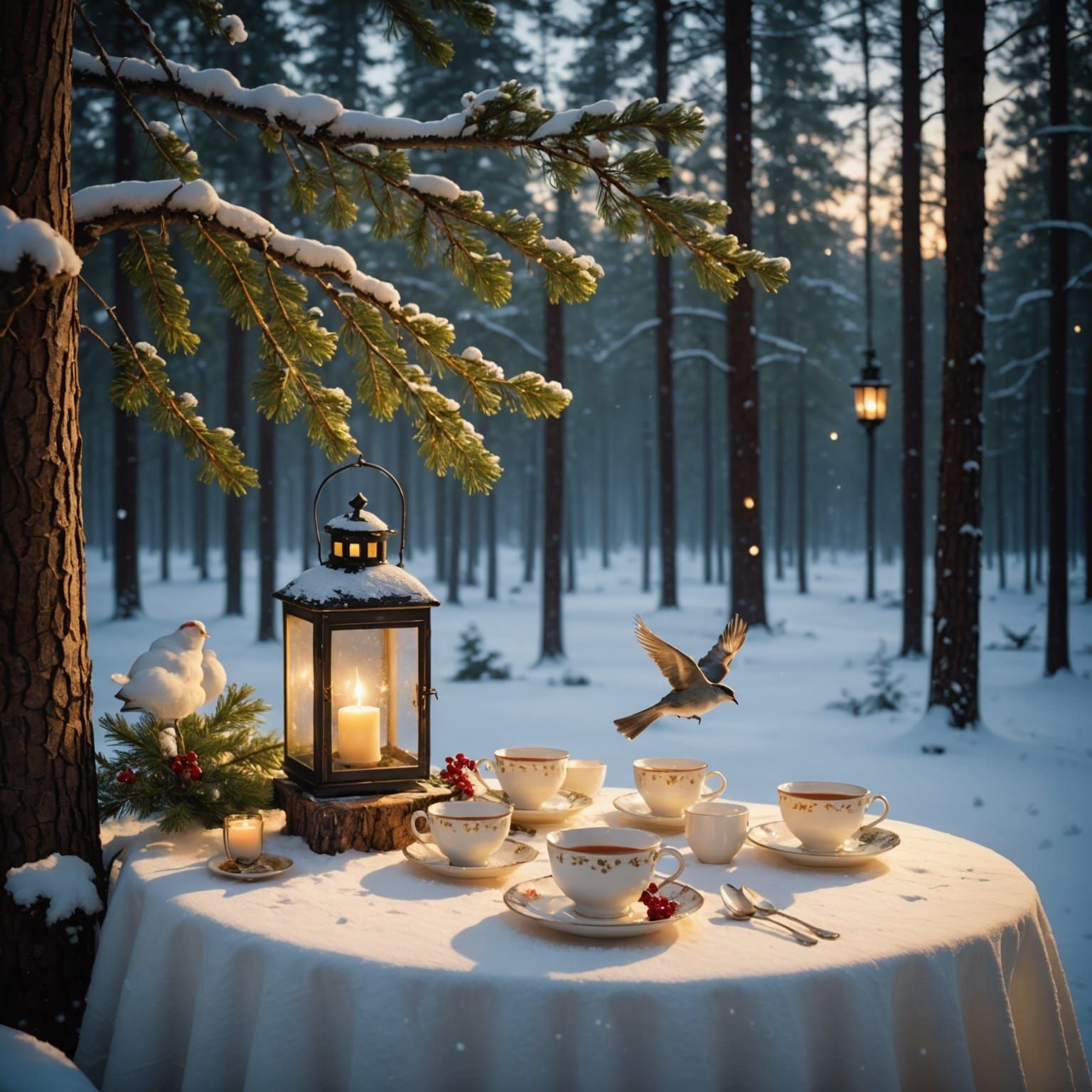 Magical Tea Party in Snowy Pine Forest