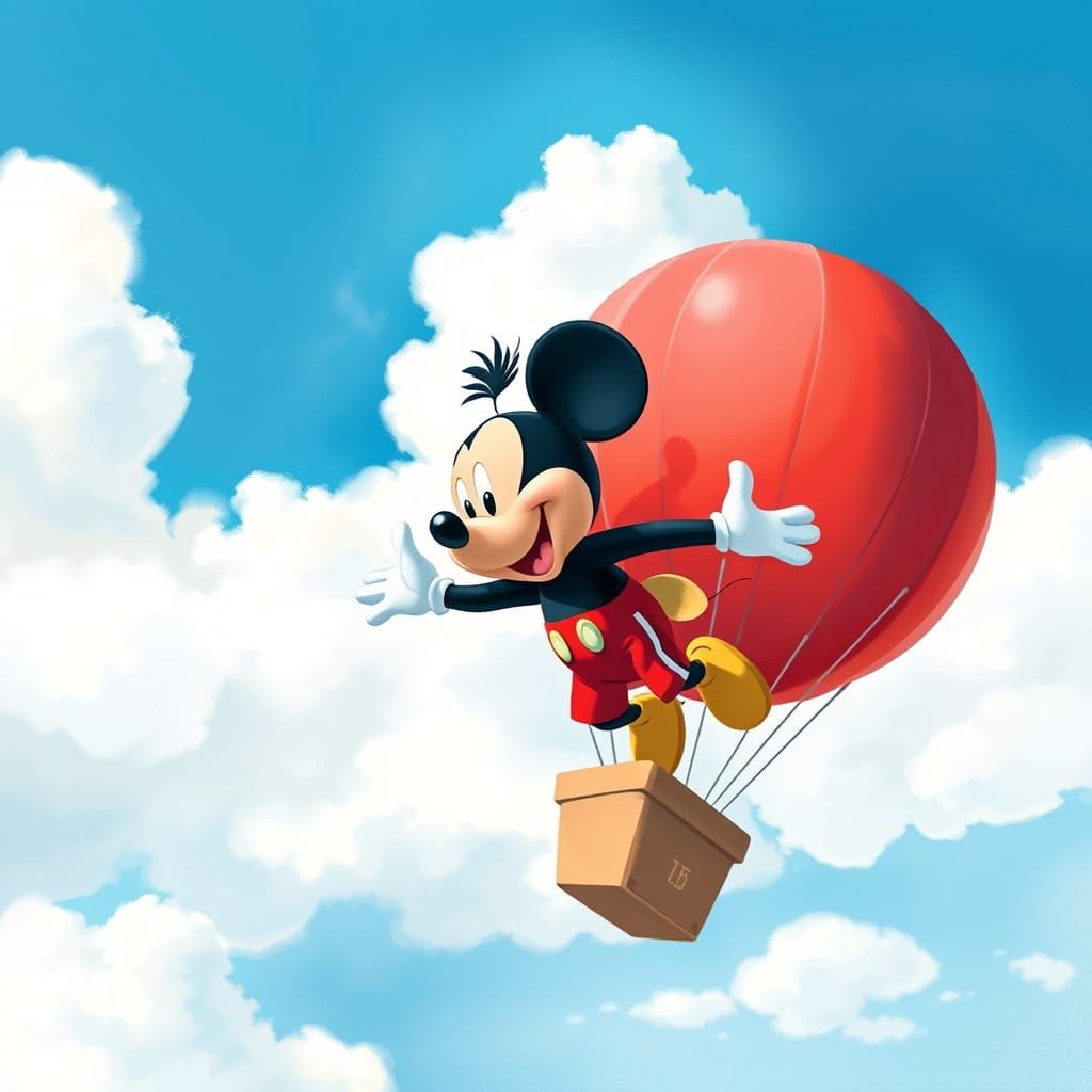 Mickey Mouse soars high in a whimsical red balloon