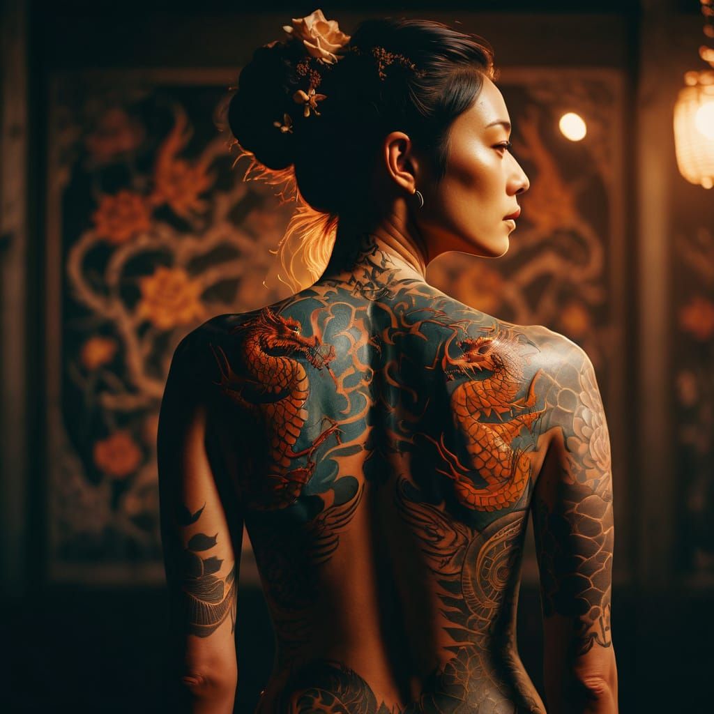 Elegant Woman with Dragon and Floral Tattoos in Soft Focus