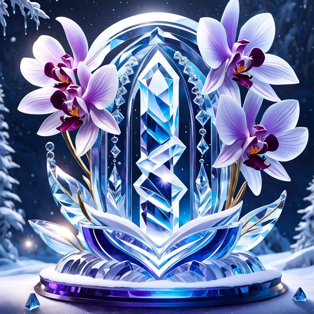 Elegant Orchid Ice Sculpture at Midnight