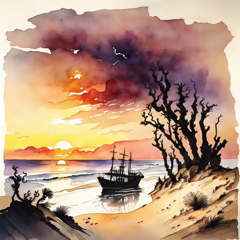 Skeleton Coast Sunset: Watercolor Shipwreck and Lions