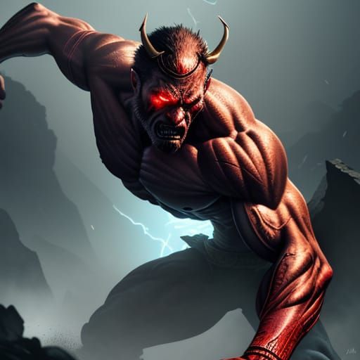 Hyper-Realistic Demon Warrior Concept Art in Crimson and Gol...