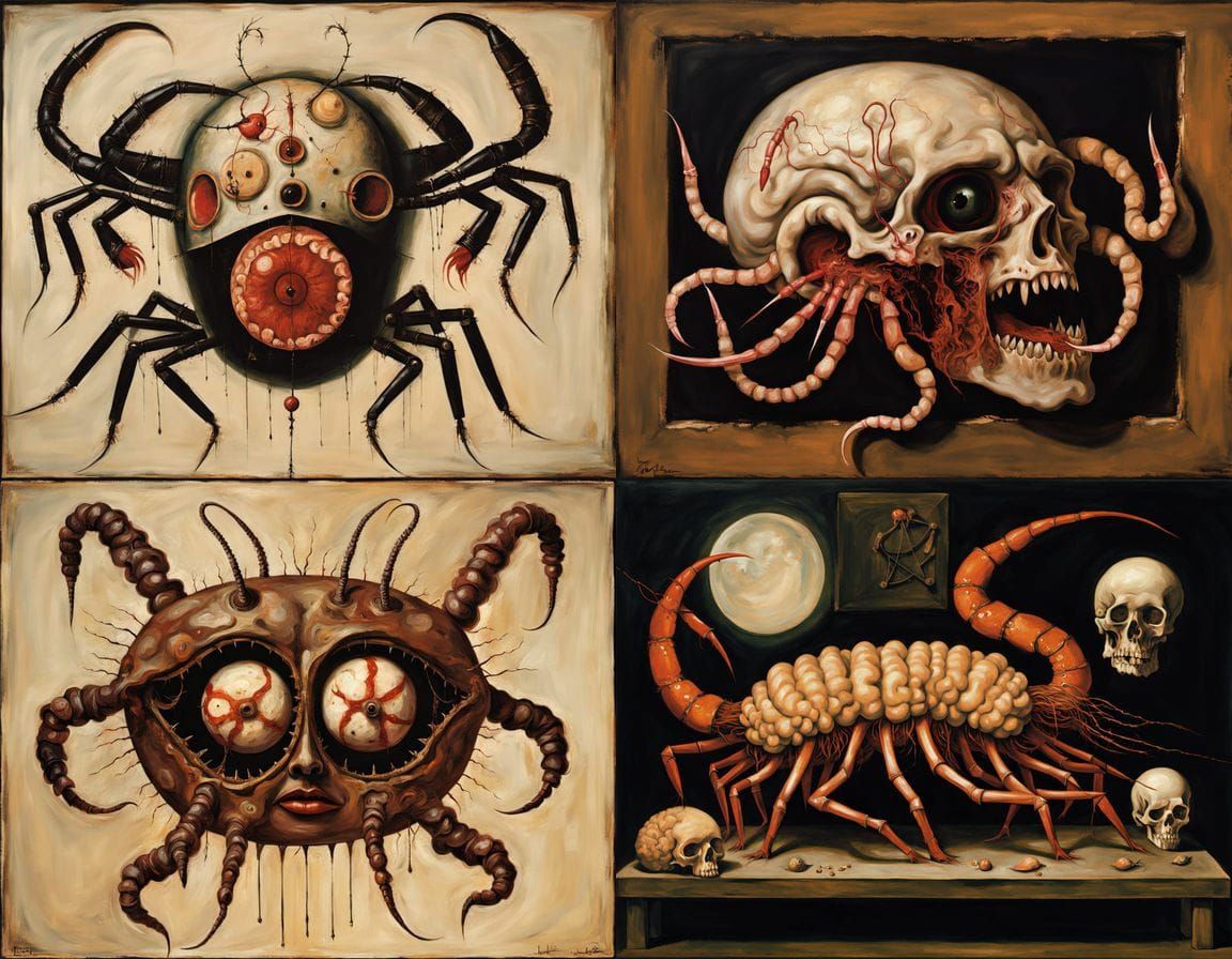 Surreal Prawn Brain Lasagne in Schiele-esque Oil Painting