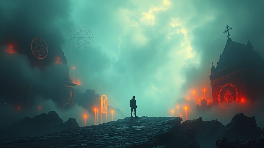 Ethereal Cityscape in Neon Fog